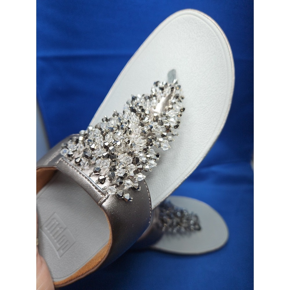 FitFlop Rumba Beaded Toe-Thong Sandal BLINGY Pewter Silver Metallic Sz 6 NEW